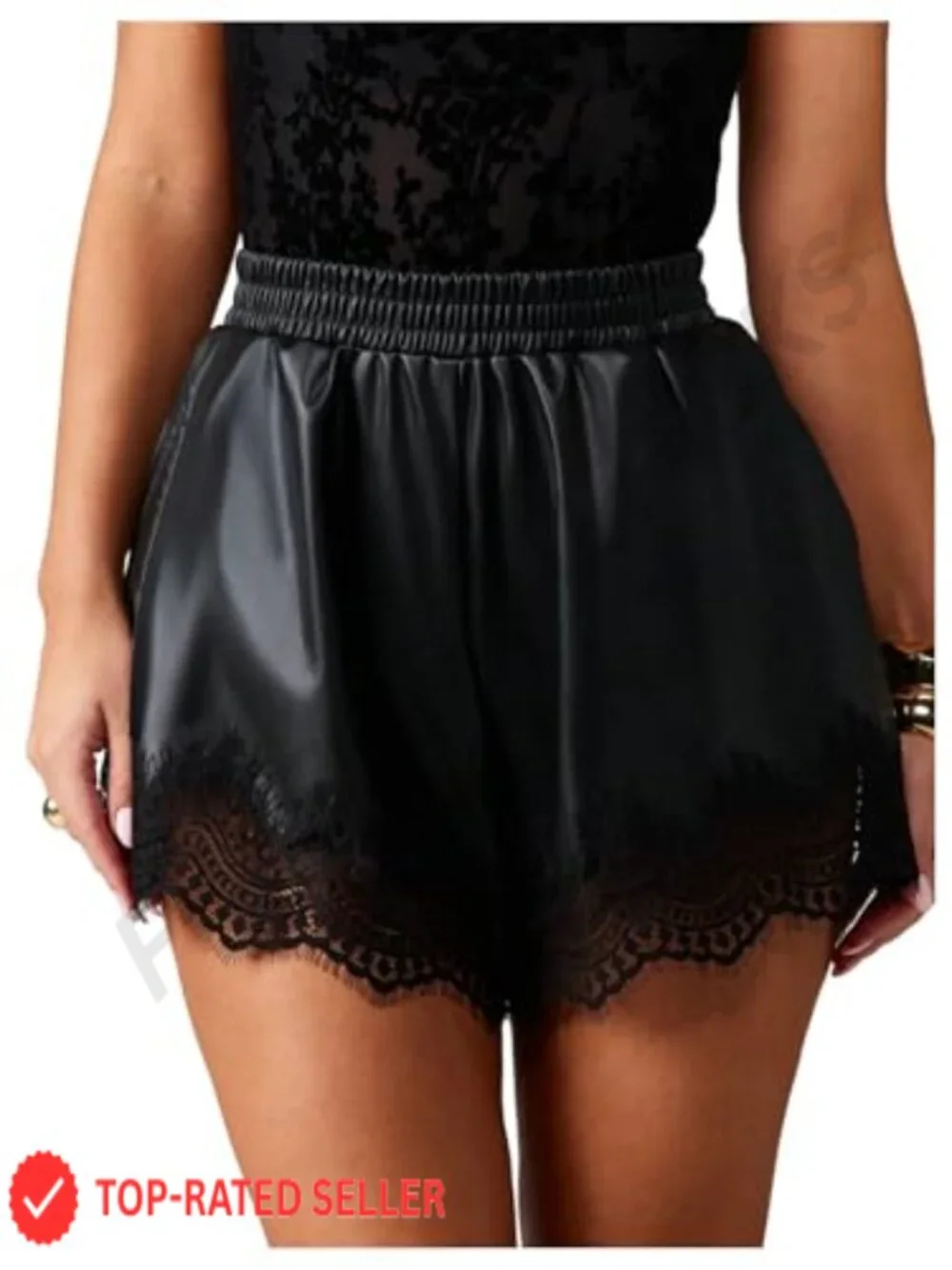 Faux Leather Lace Trim High Waisted Shorts Y2k Lolita Mini Wide Leg